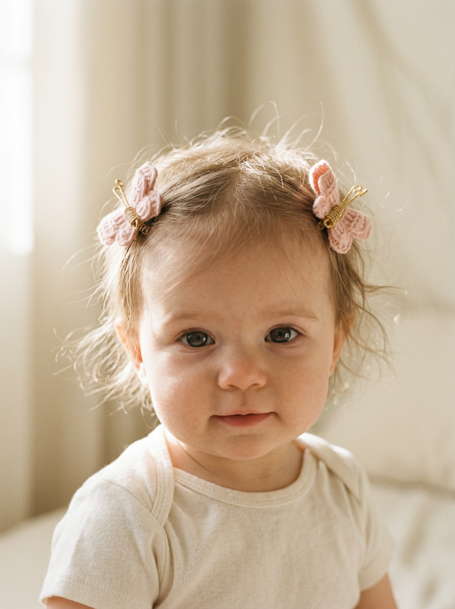 Baby wearing a pair of blush knit butterfly clips