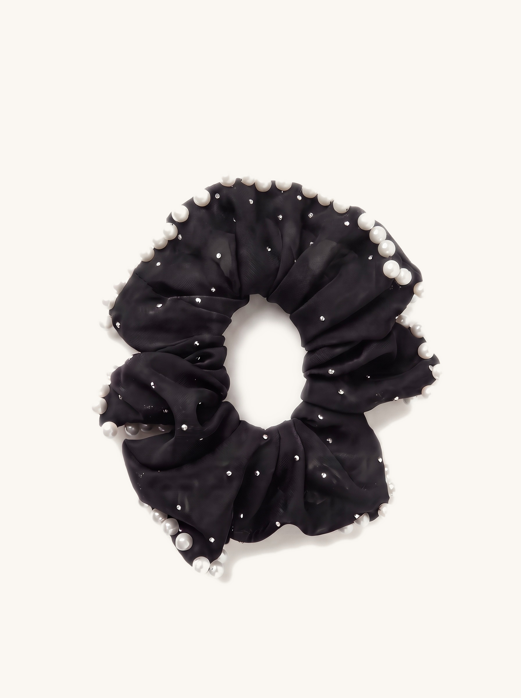 Midnight Pearl Chiffon Scrunchie — on the Elle & Ivy packaging card