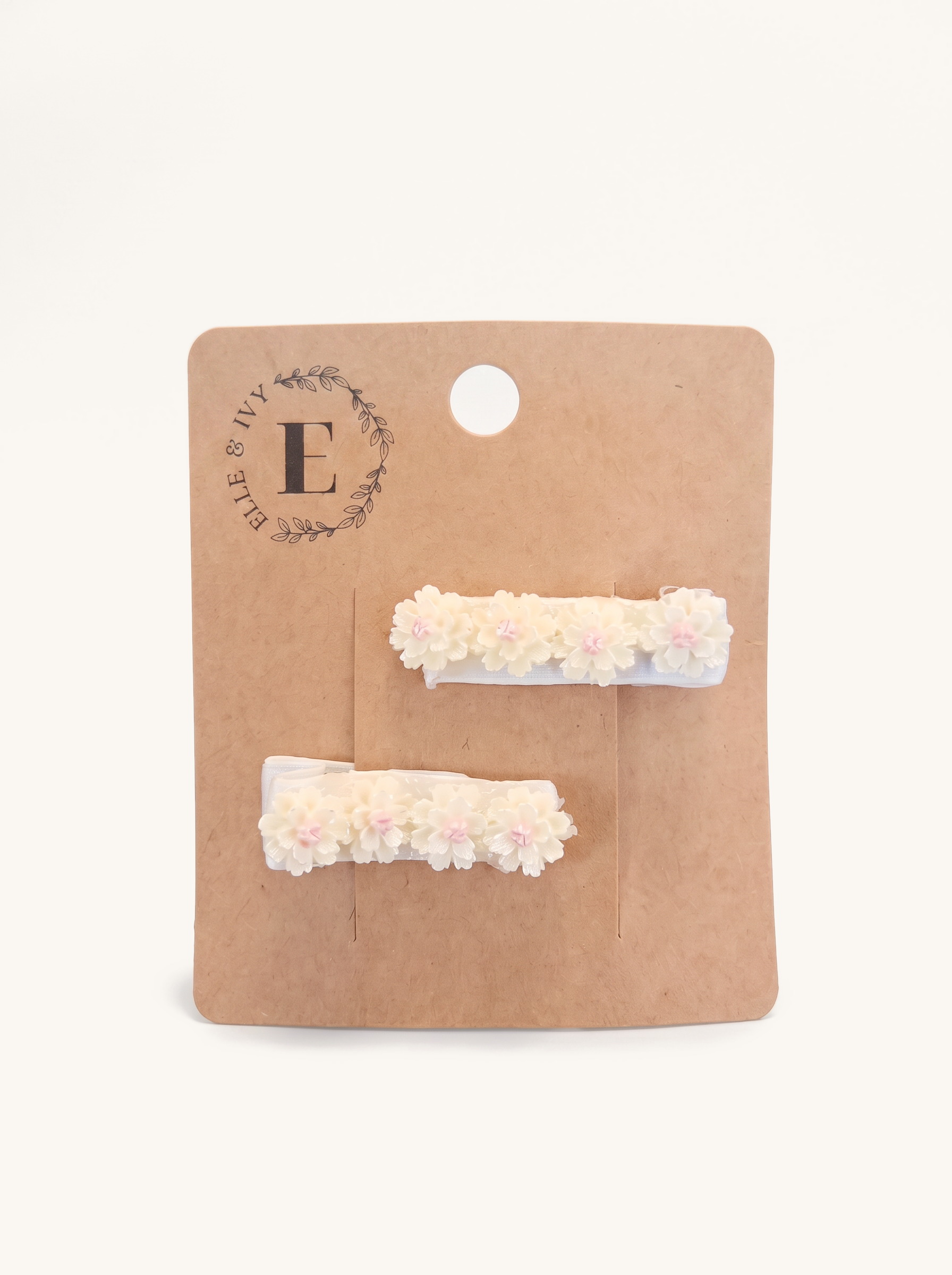 Cream Petal Bar Clip Set — on the Elle & Ivy packaging card