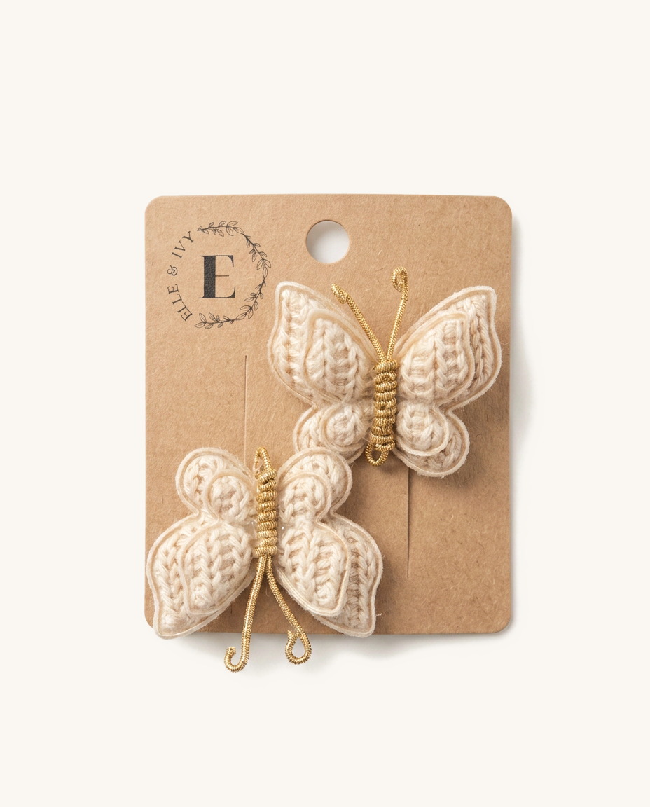 Ivory Crochet Butterfly Clip Set — on the Elle & Ivy packaging card
