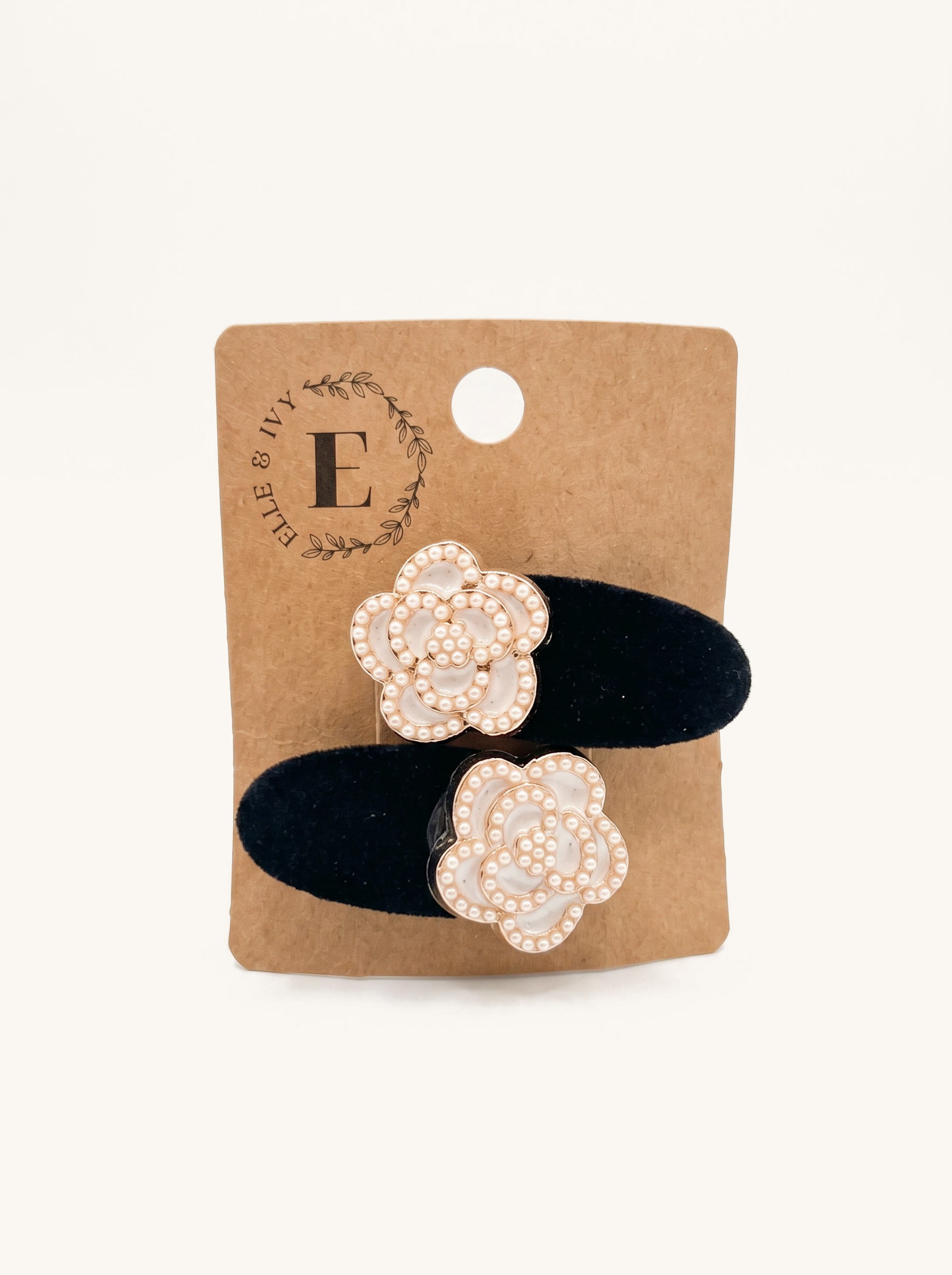 Pearl Camellia Velvet Clip Set — on the Elle & Ivy packaging card