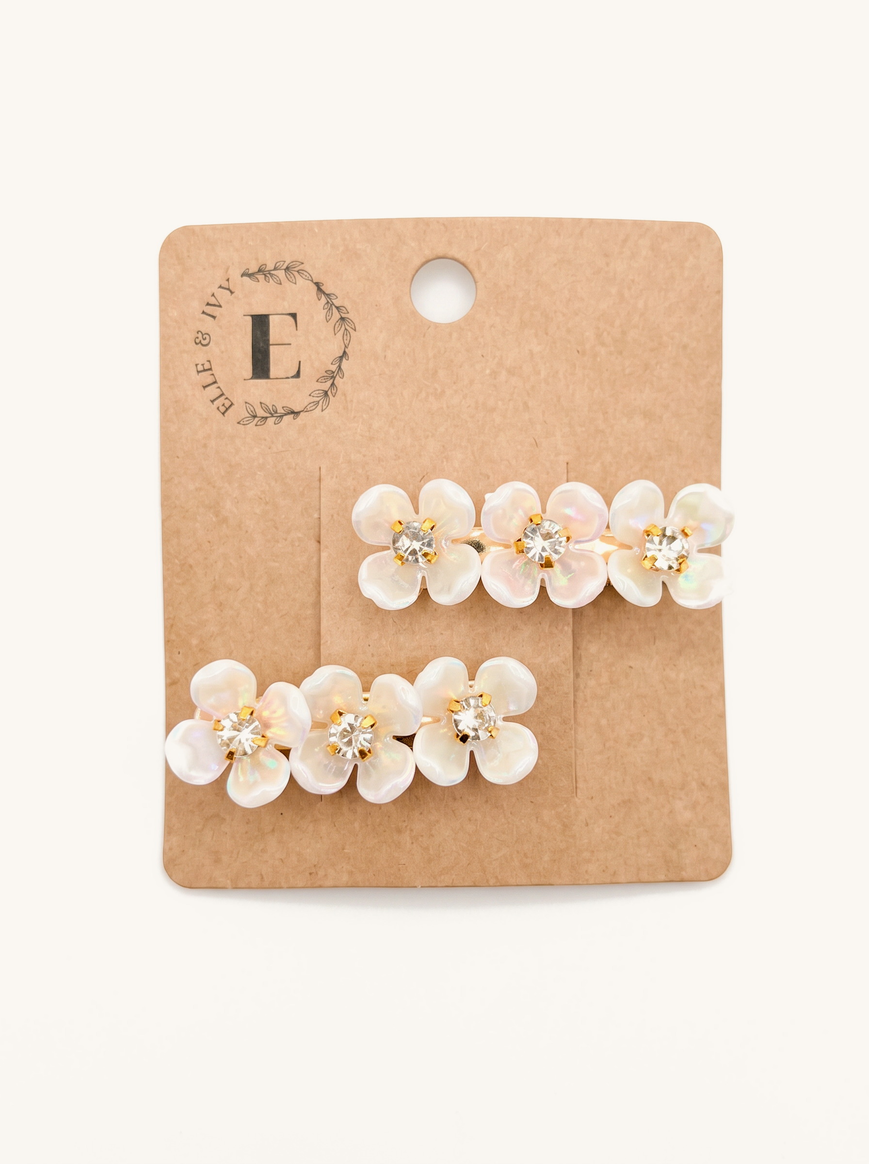 Pearl White Blossom Clip Set — on the Elle & Ivy packaging card