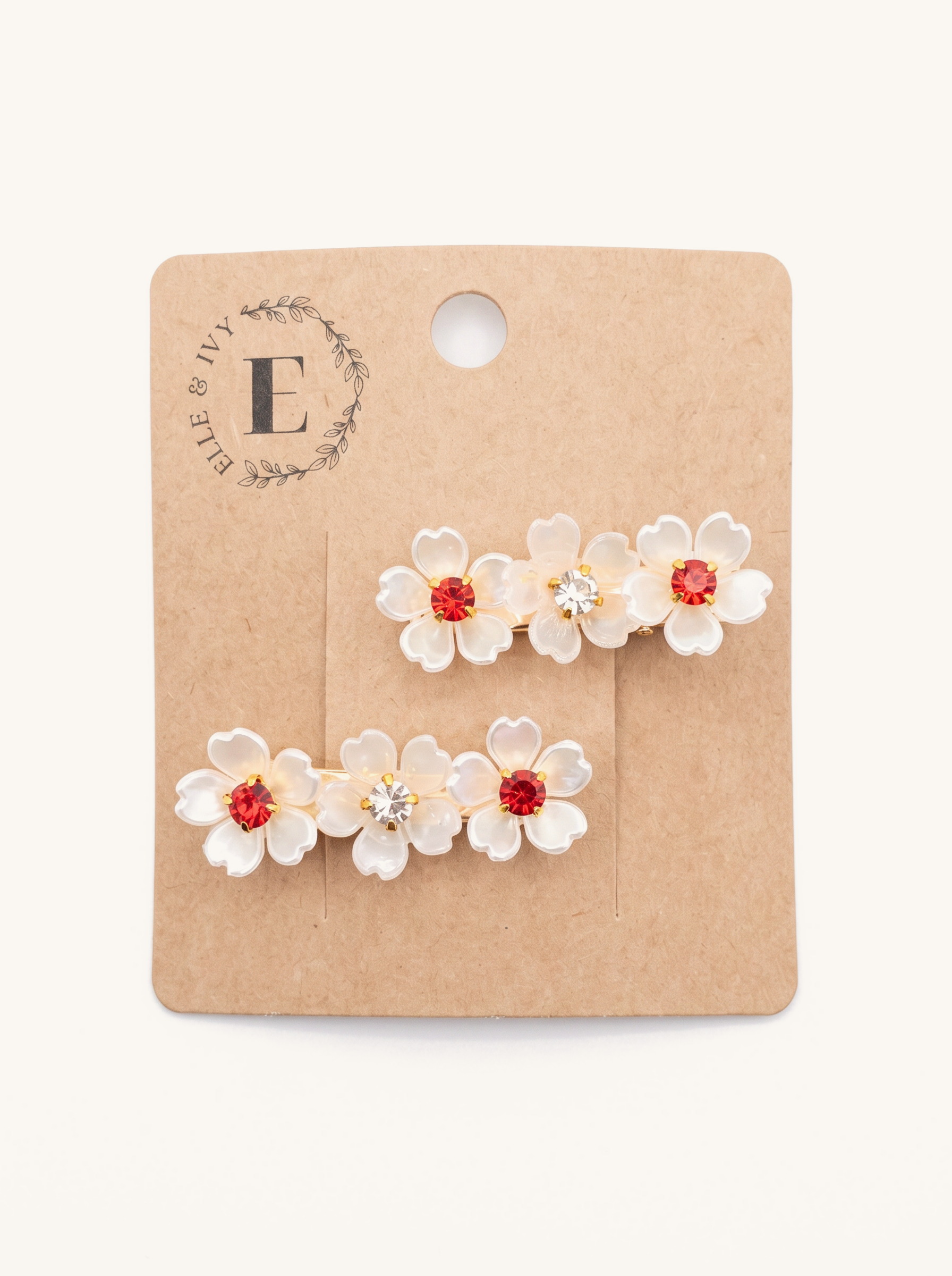 Ruby Pearl Blossom Clip Set — on the Elle & Ivy packaging card