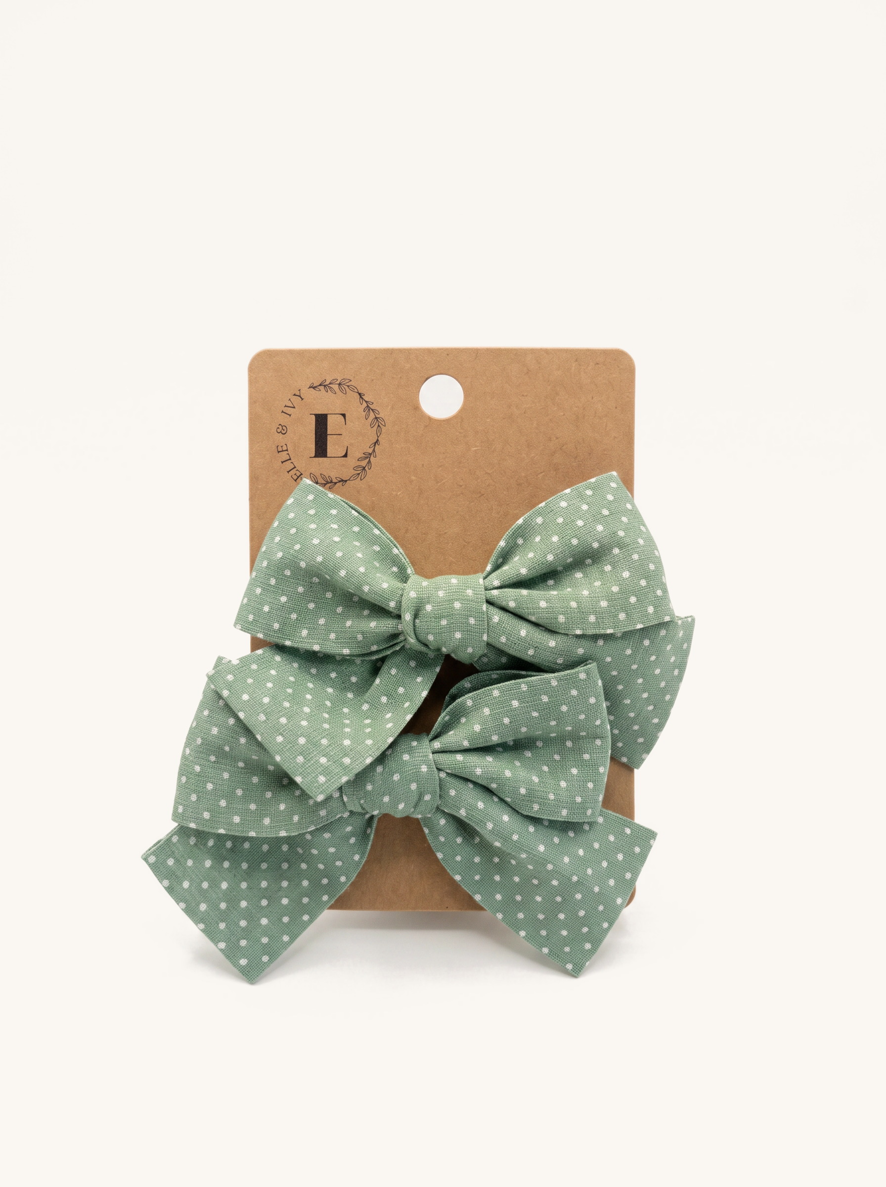 Sage Dot Cotton Bow Set — on the Elle & Ivy packaging card