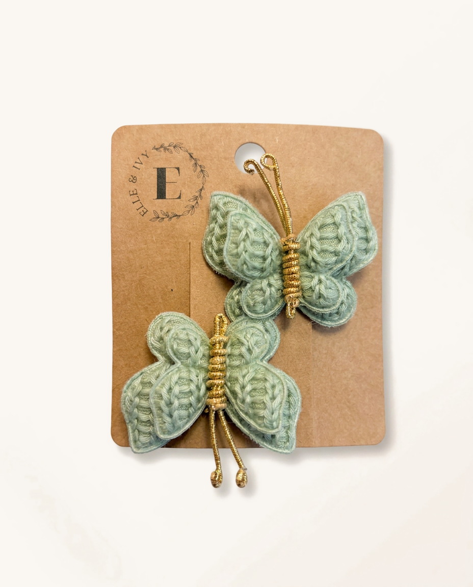 Sage Knit Butterfly Clip Set — on the Elle & Ivy packaging card