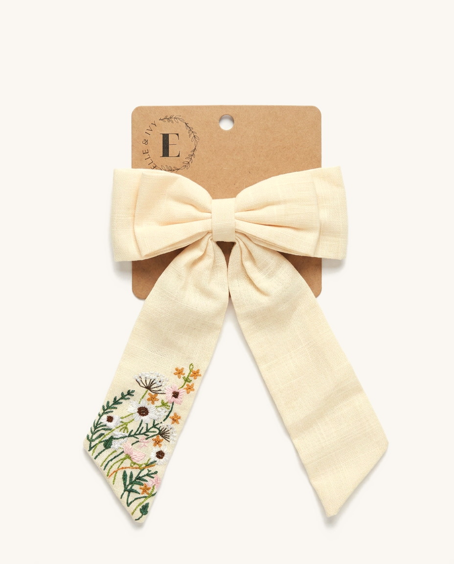 Wildflower Embroidered Sash Bow — on the Elle & Ivy packaging card